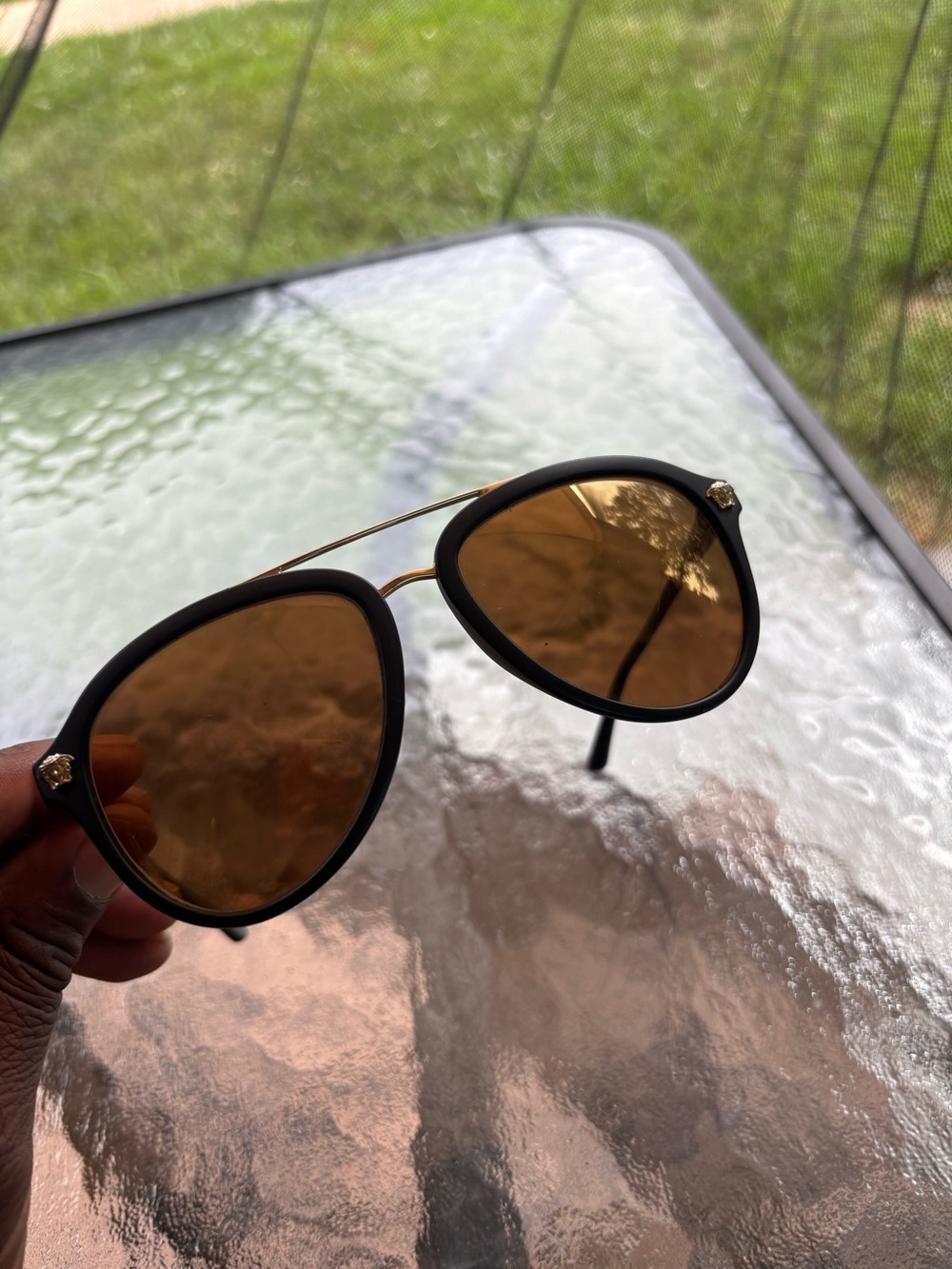 Men's Black and Gold Aviator Versace Sunglasses - Polarized Brown Lenses